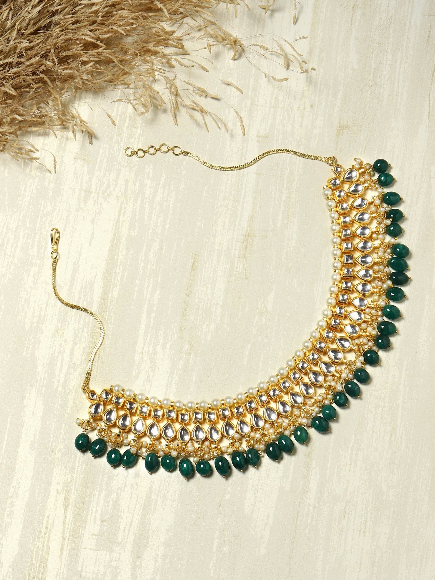 Gold-Polished Green Kundan Studded Brass Necklace - Ruby Raang