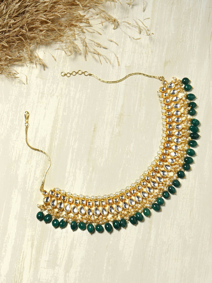 Gold-Polished Green Kundan Studded Brass Necklace - Ruby Raang