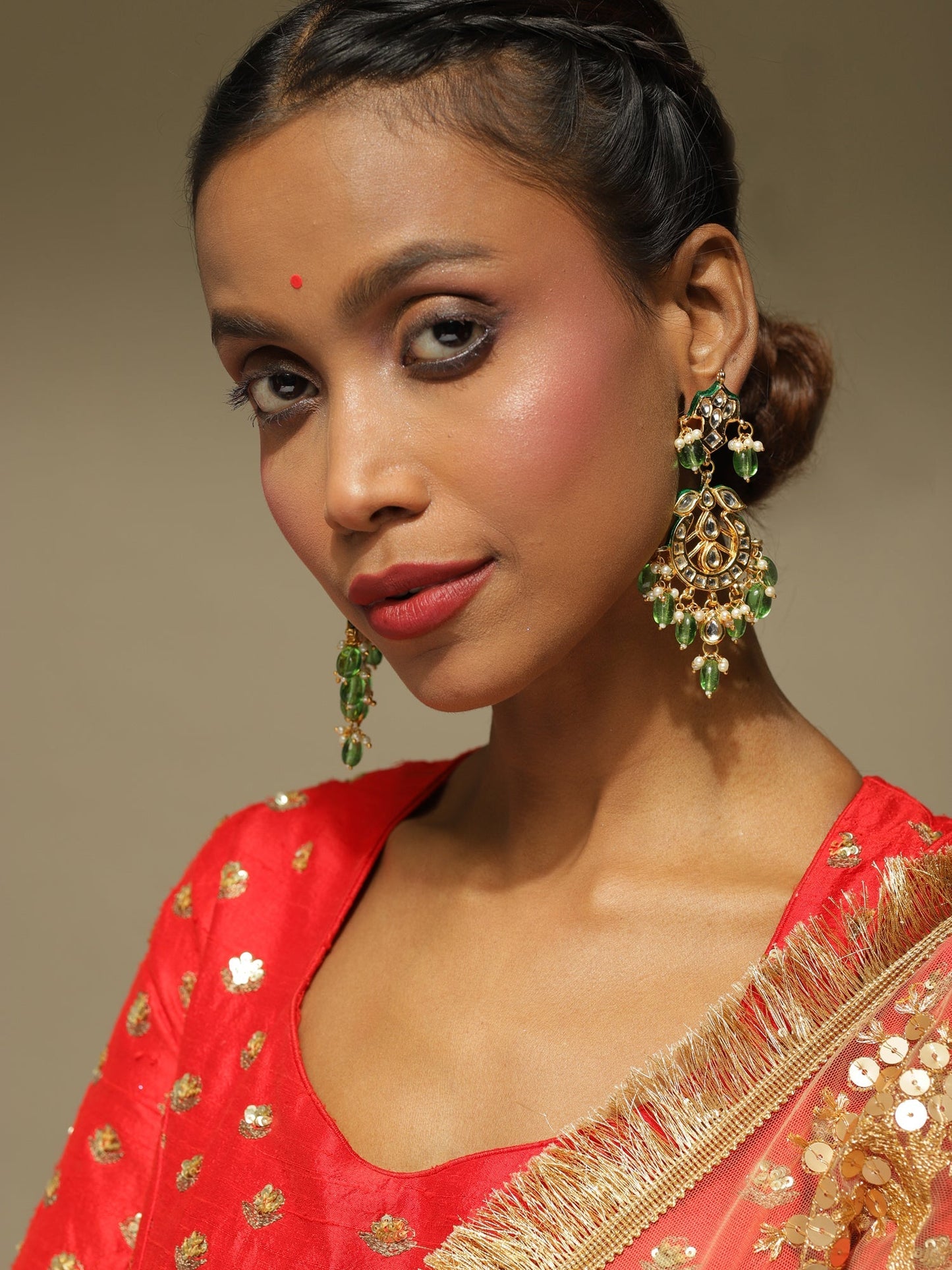 Green Gold-Polished Kundan Drop Earrings - Ruby Raang
