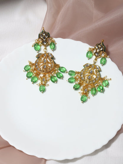 Green Gold-Polished Kundan Drop Earrings - Ruby Raang