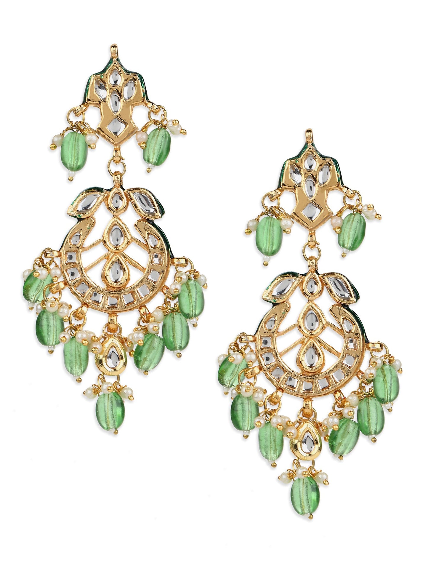 Green Gold-Polished Kundan Drop Earrings - Ruby Raang