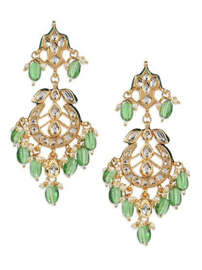Green Gold-Polished Kundan Drop Earrings - Ruby Raang