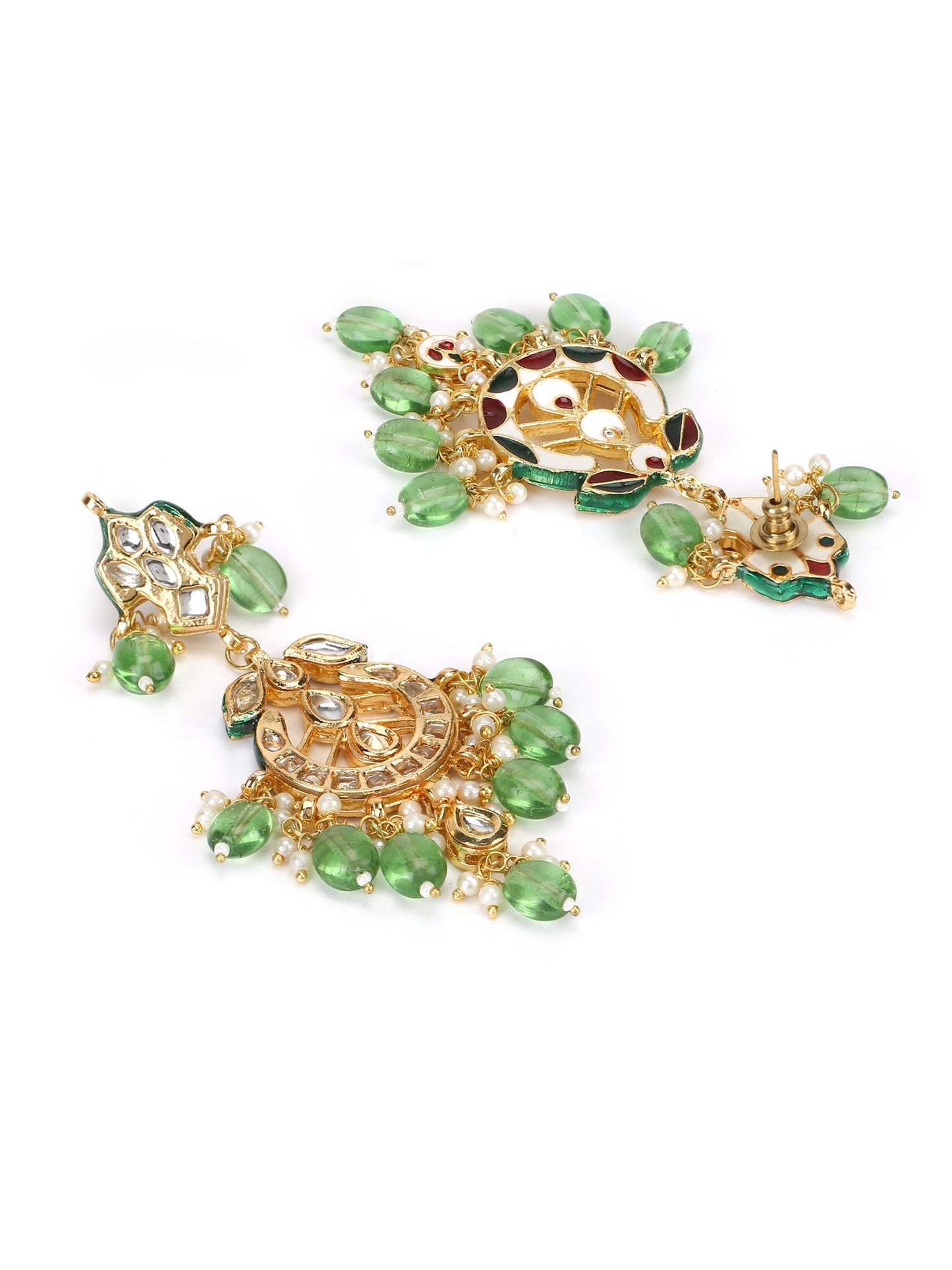 Green Gold-Polished Kundan Drop Earrings - Ruby Raang