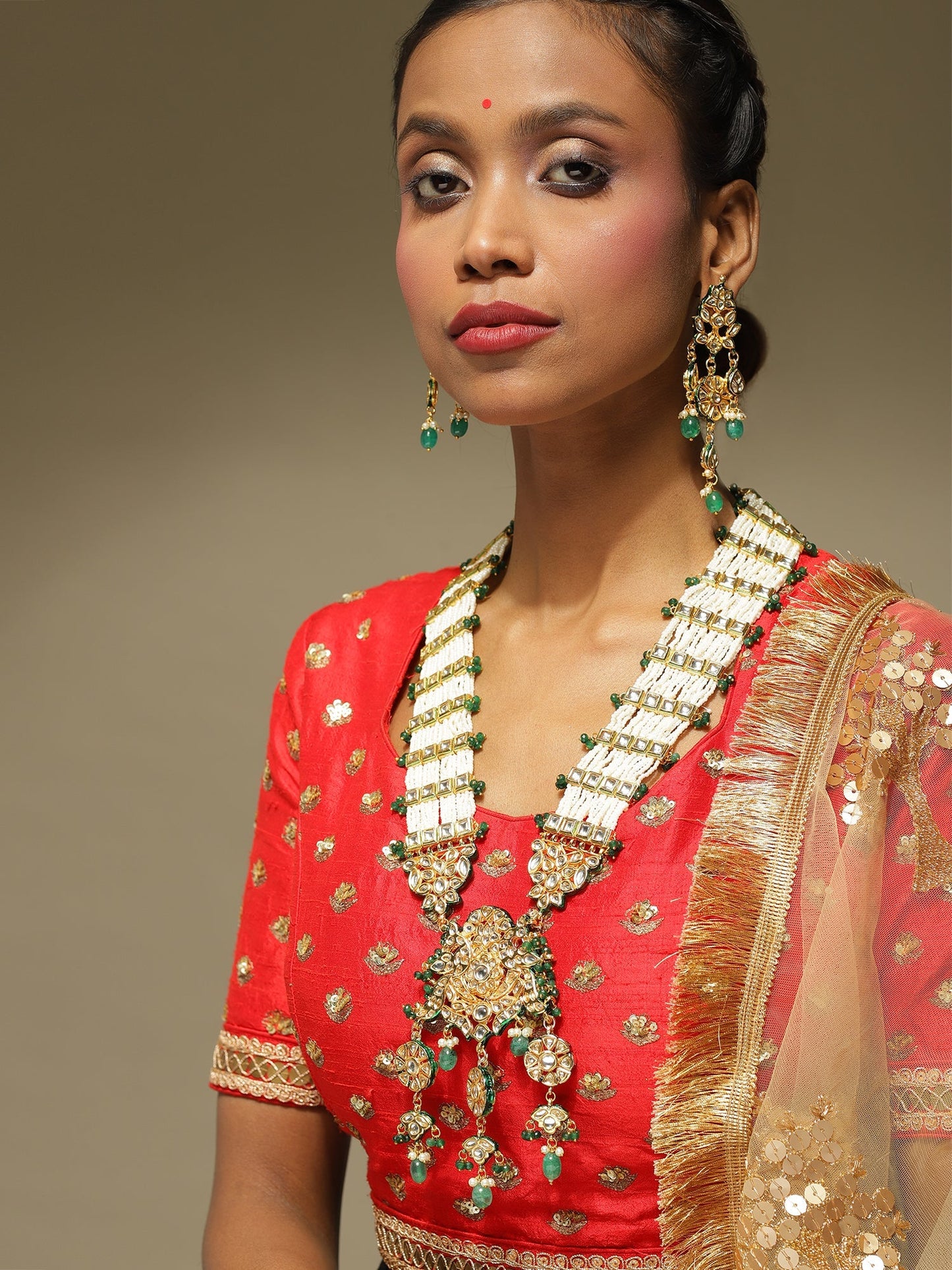 Gold-Polished White Green Kundan Studded Handcrafted Jewellery Set - Ruby Raang