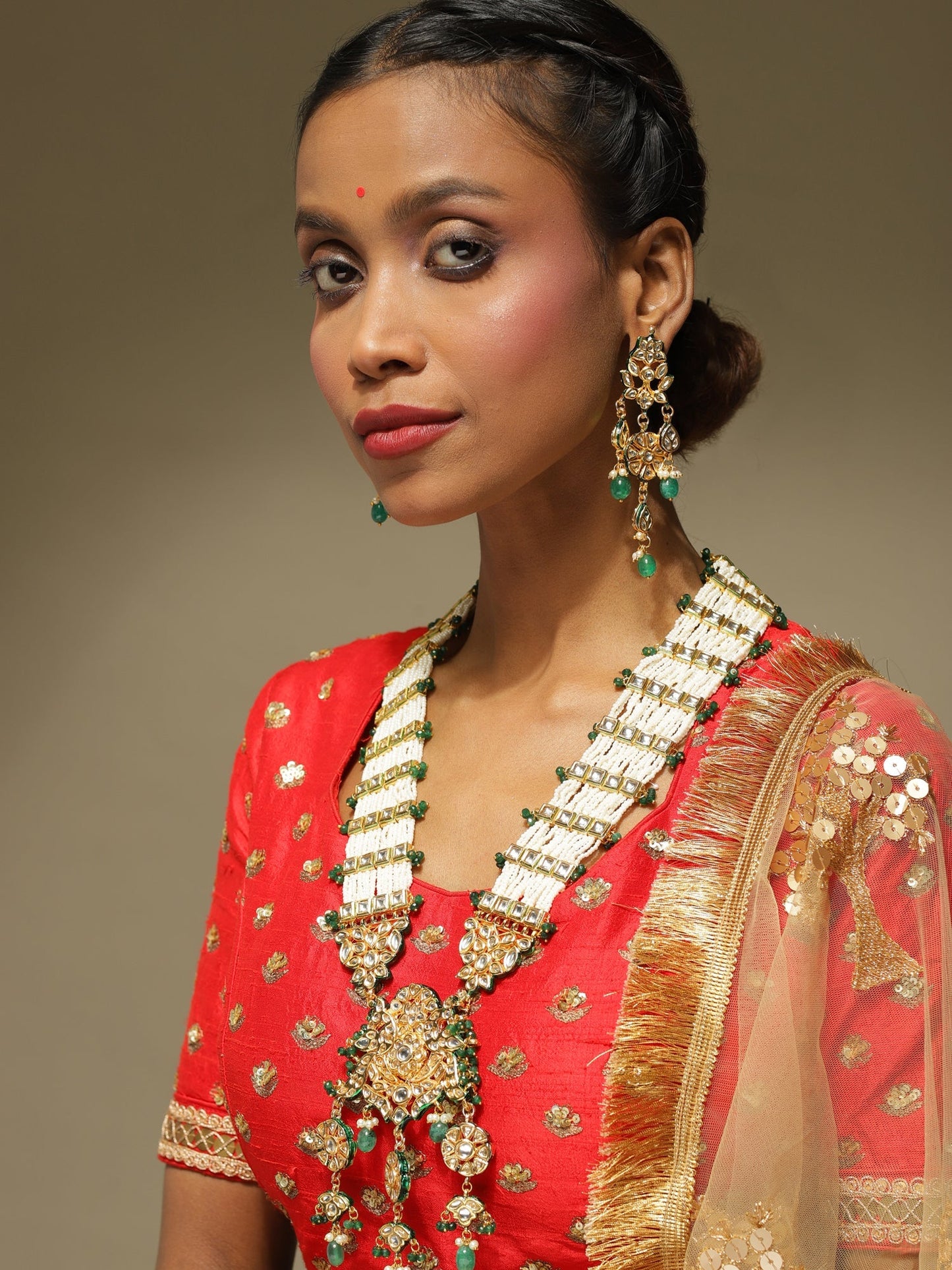 Gold-Polished White Green Kundan Studded Handcrafted Jewellery Set - Ruby Raang