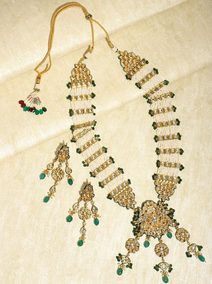 Gold-Polished White Green Kundan Studded Handcrafted Jewellery Set - Ruby Raang