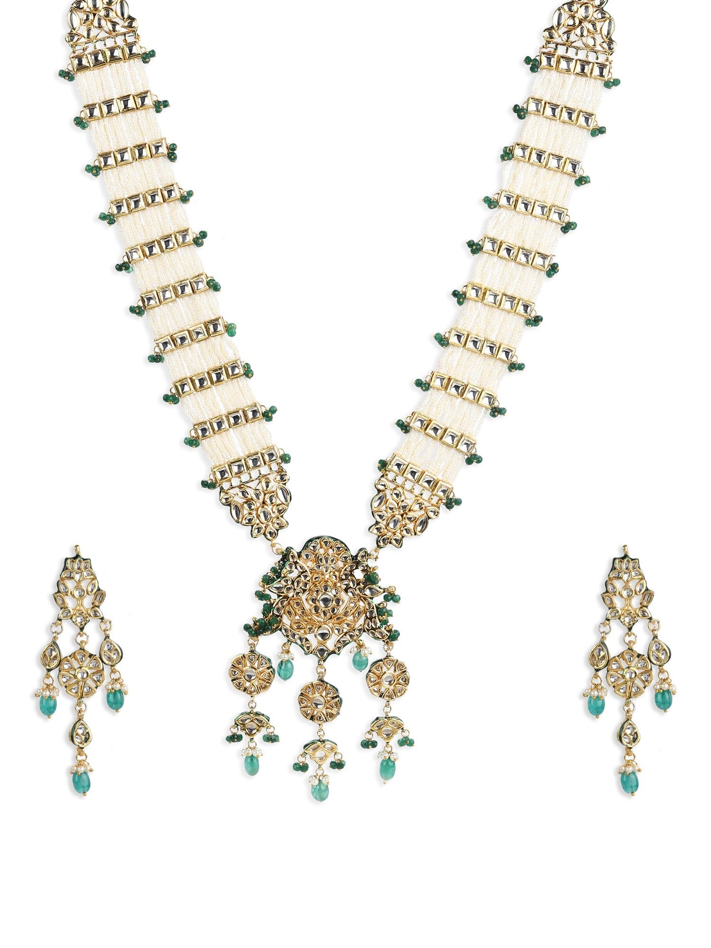 Gold-Polished White Green Kundan Studded Handcrafted Jewellery Set - Ruby Raang