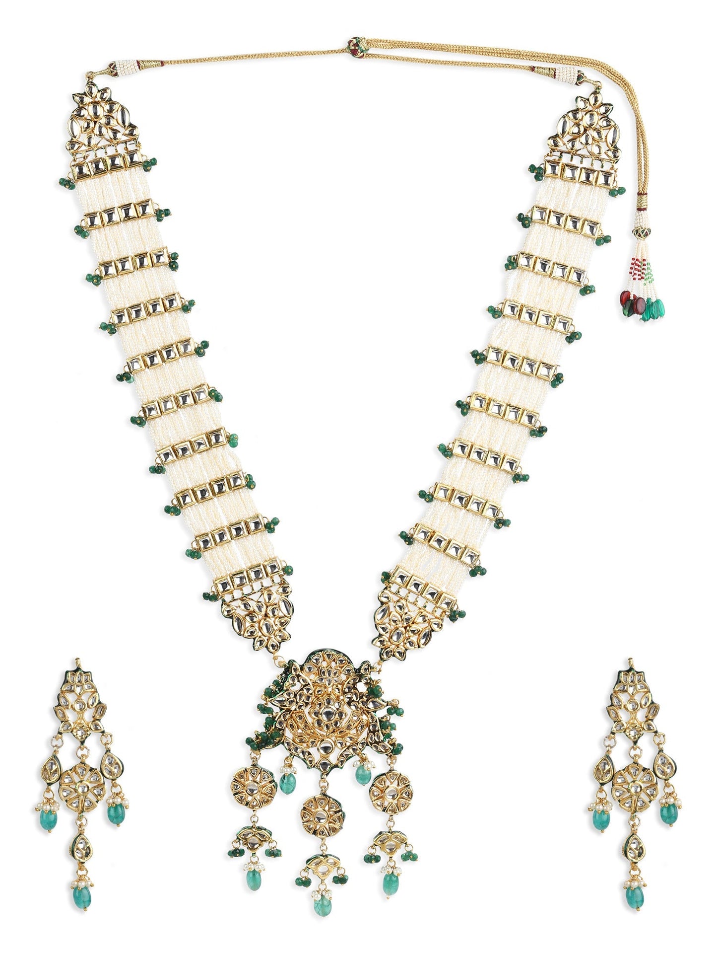 Gold-Polished White Green Kundan Studded Handcrafted Jewellery Set - Ruby Raang