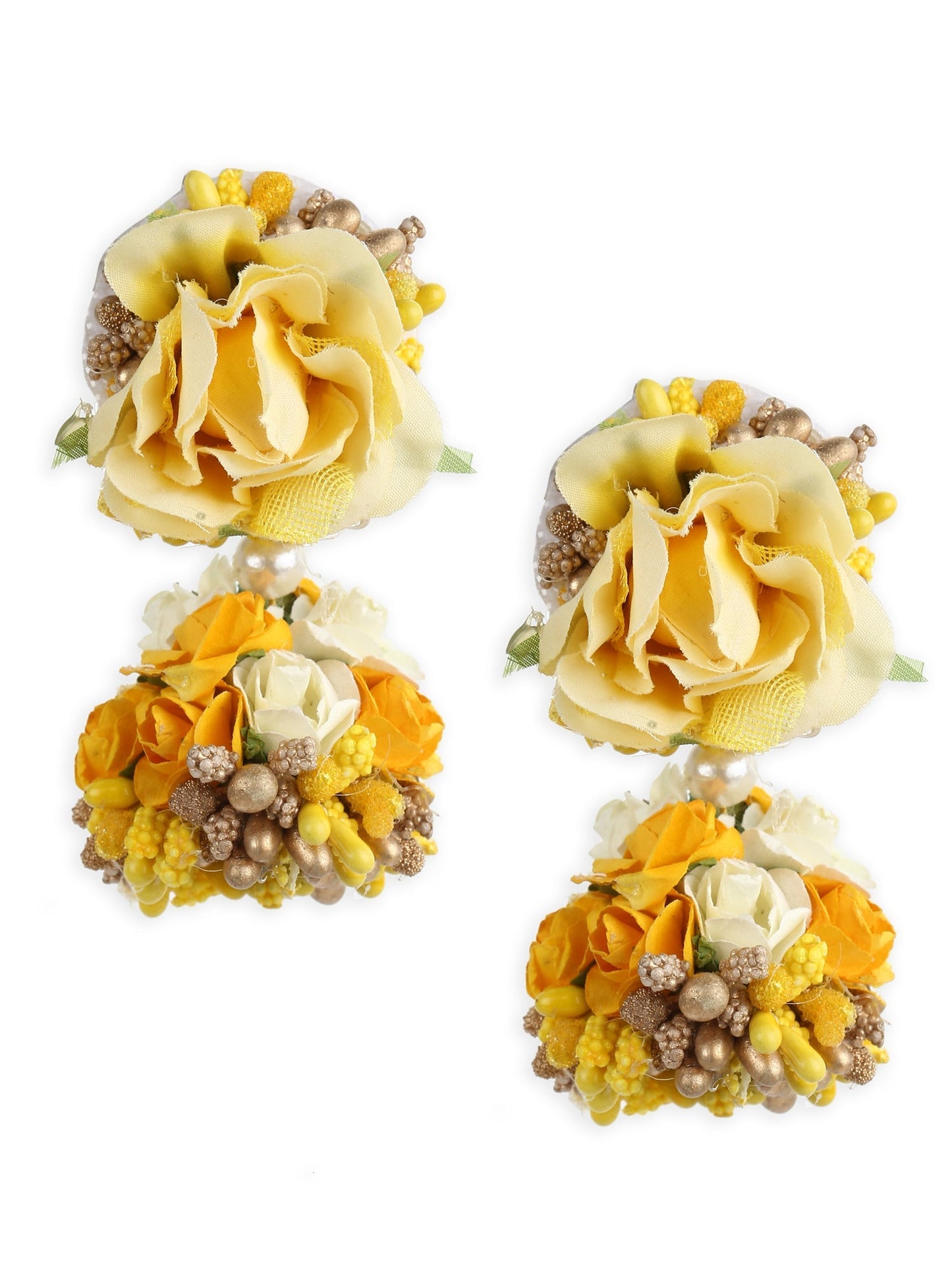 Yellow Gold-Polished Flower Maang Tika Earrings - Ruby Raang
