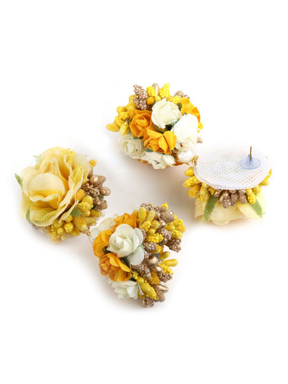 Yellow Gold-Polished Flower Maang Tika Earrings - Ruby Raang