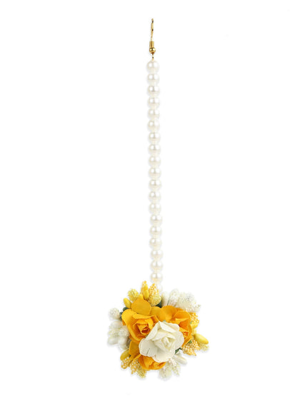 Yellow Gold-Polished Flower Maang Tika Earrings - Ruby Raang