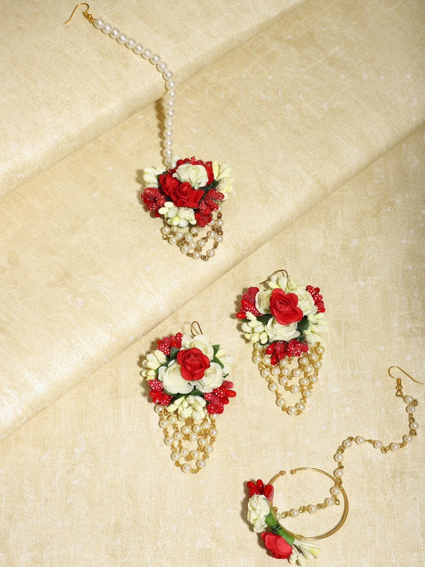 Flower Jewellery Gold-Polished Red Floral Jewellery Set - Ruby Raang