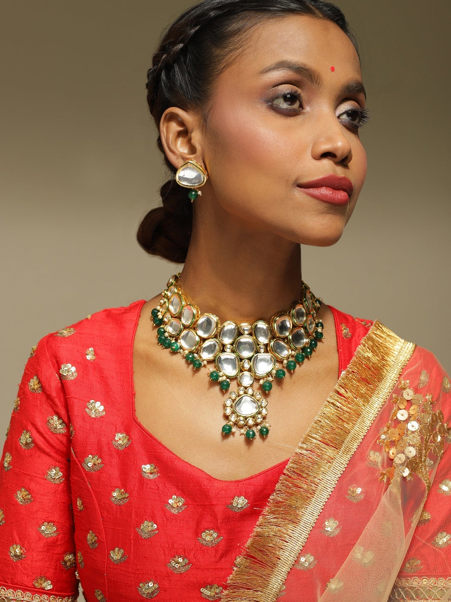 Green White Kundan Choker Jewellery Set - Ruby Raang