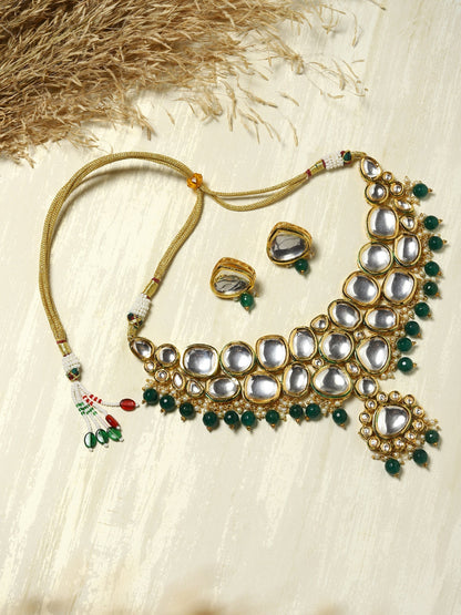 Green White Kundan Choker Jewellery Set - Ruby Raang