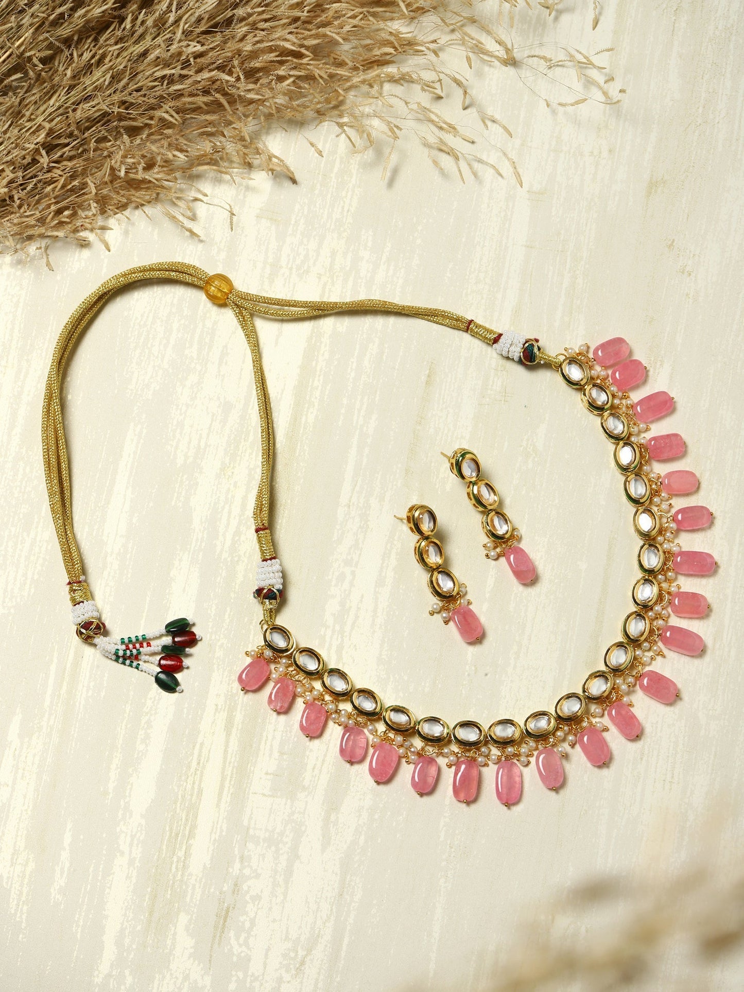 Gold-Polished White Pink Kundan-Studded Pearl Beaded Handcrafted Jewellery Set - Ruby Raang