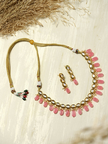 Gold-Polished White Pink Kundan-Studded Pearl Beaded Handcrafted Jewellery Set - Ruby Raang