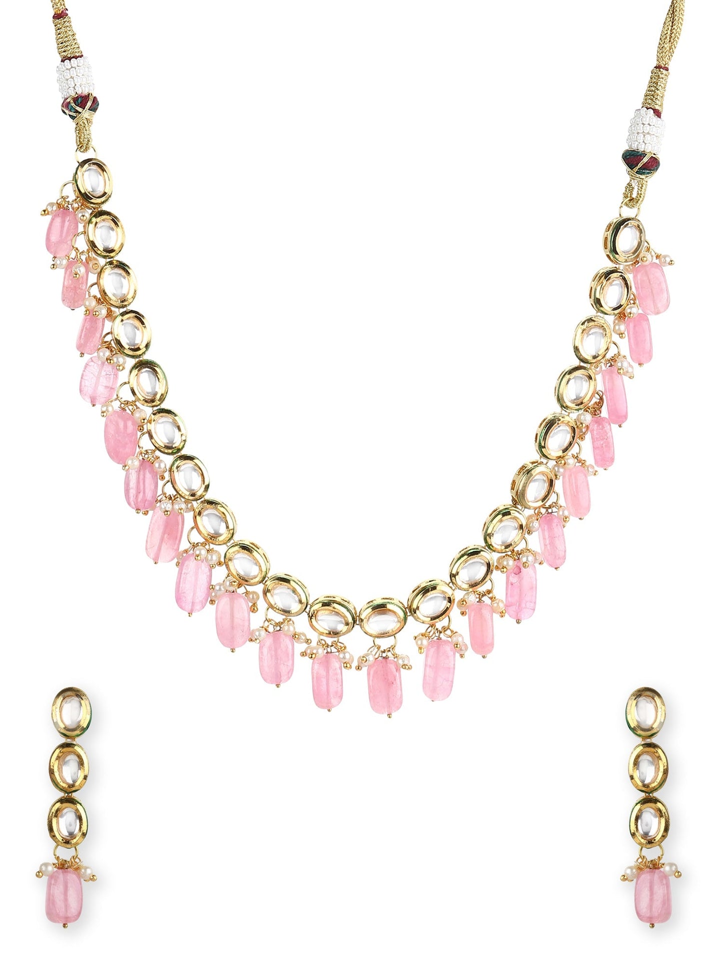 Gold-Polished White Pink Kundan-Studded Pearl Beaded Handcrafted Jewellery Set - Ruby Raang