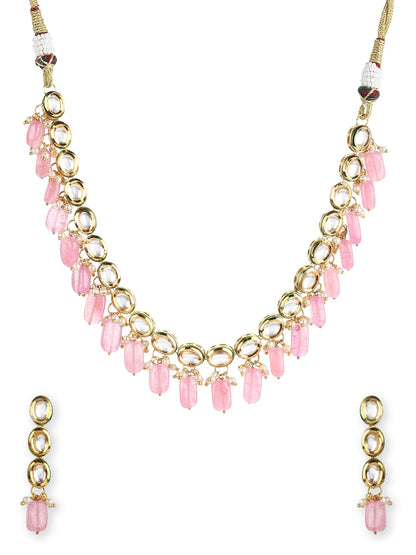 Gold-Polished White Pink Kundan-Studded Pearl Beaded Handcrafted Jewellery Set - Ruby Raang