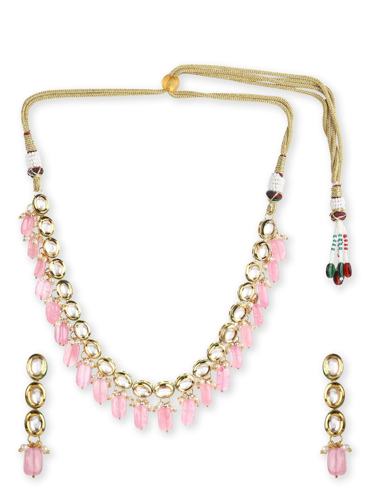 Gold-Polished White Pink Kundan-Studded Pearl Beaded Handcrafted Jewellery Set - Ruby Raang
