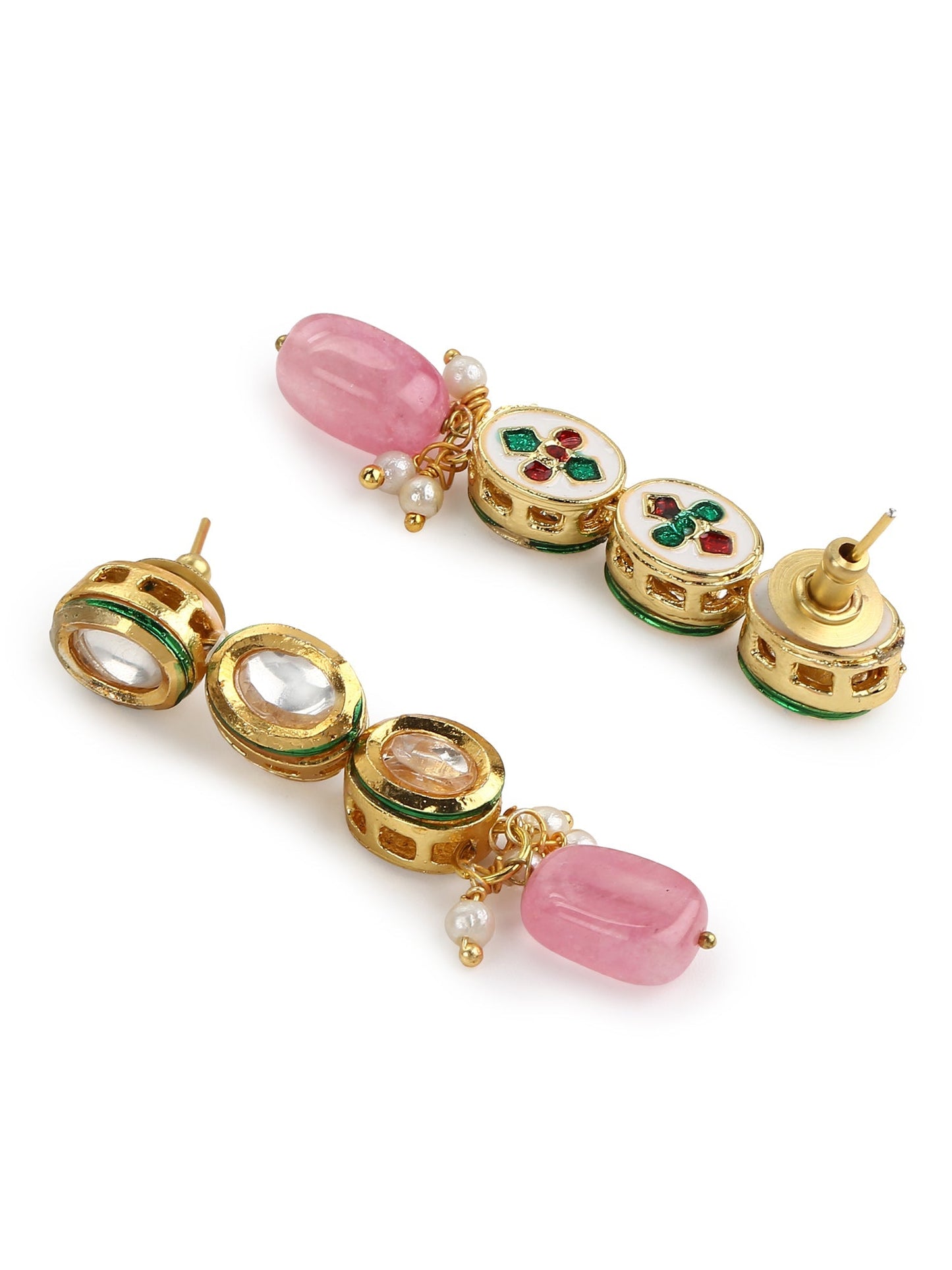 Gold-Polished White Pink Kundan-Studded Pearl Beaded Handcrafted Jewellery Set - Ruby Raang