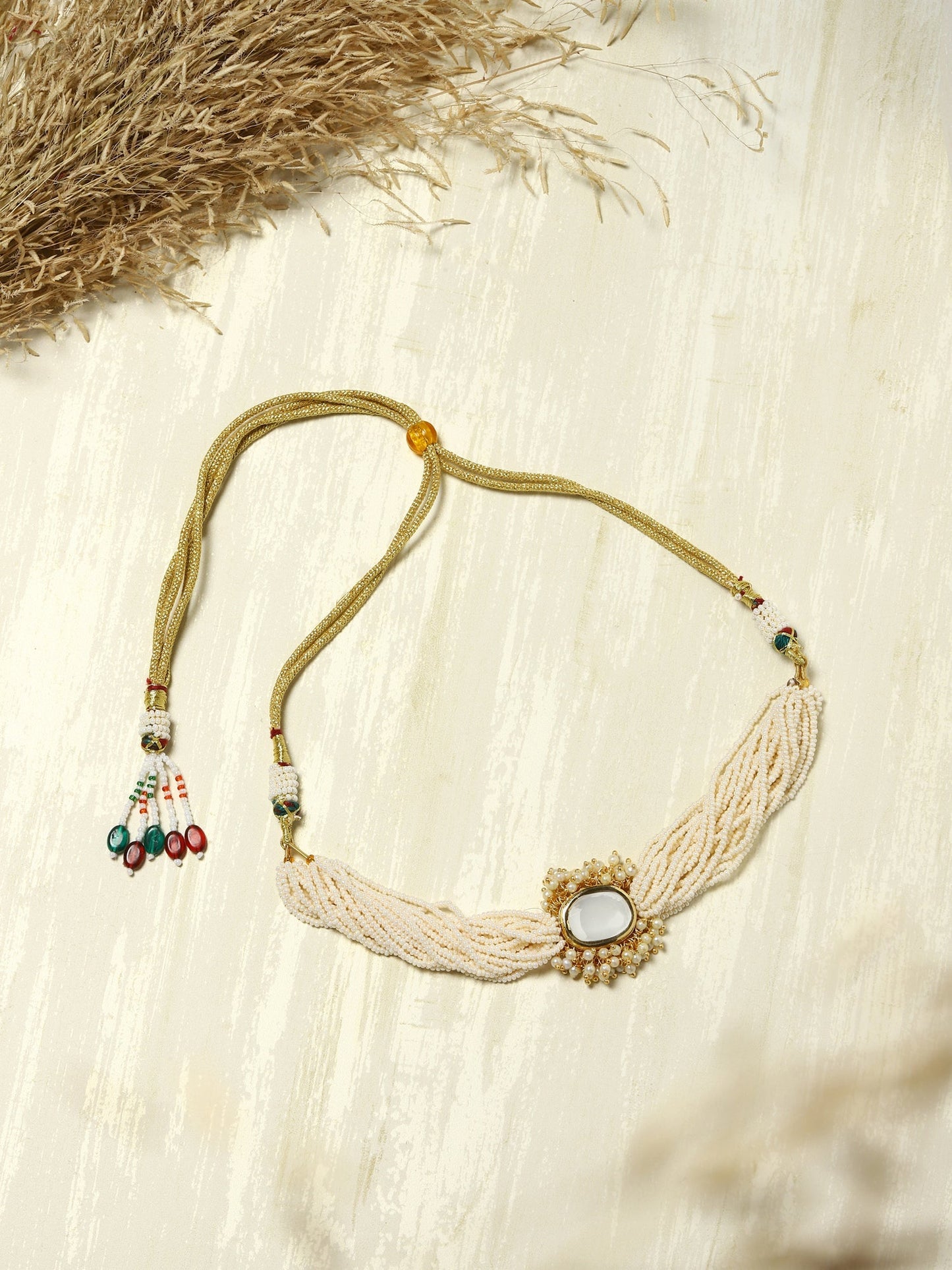 Gold-Polished White Brass Kundan Pearls Choker Necklace - Ruby Raang