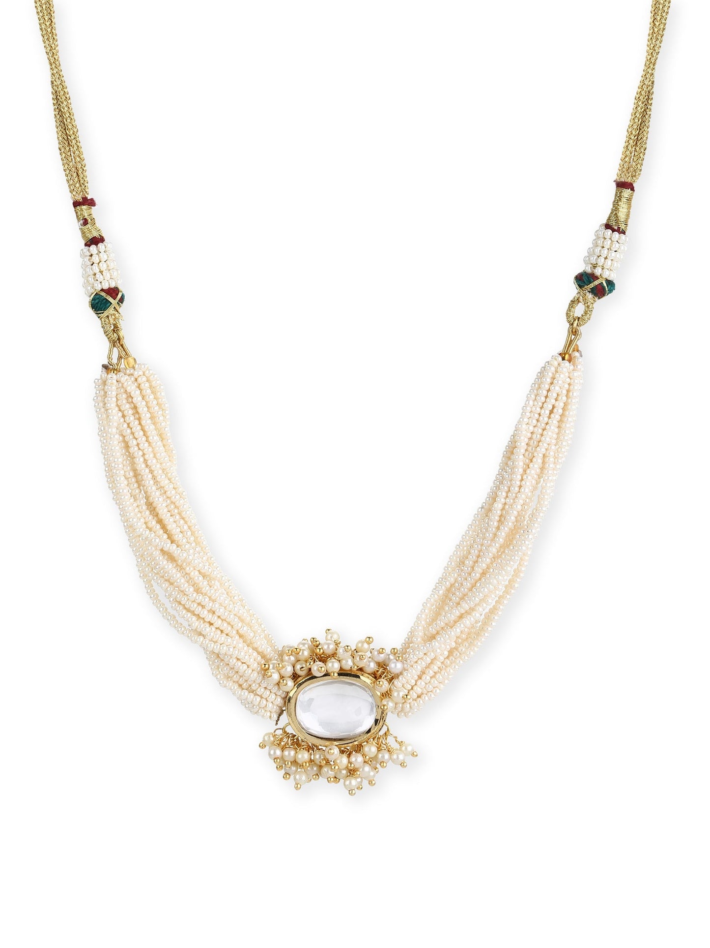 Gold-Polished White Brass Kundan Pearls Choker Necklace - Ruby Raang