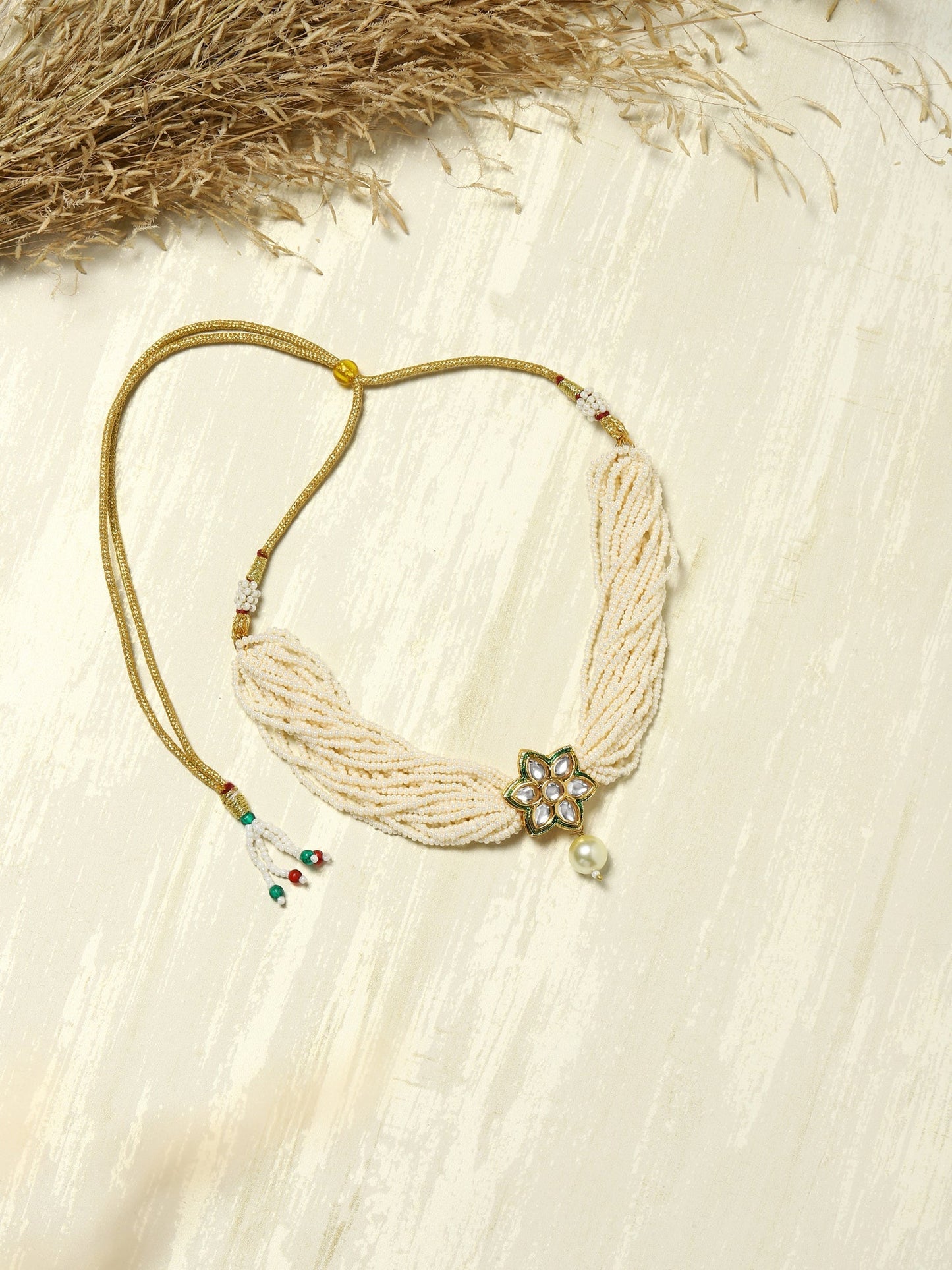 Gold-Polished White Green Brass Kundan Pearls Choker Necklace - Ruby Raang