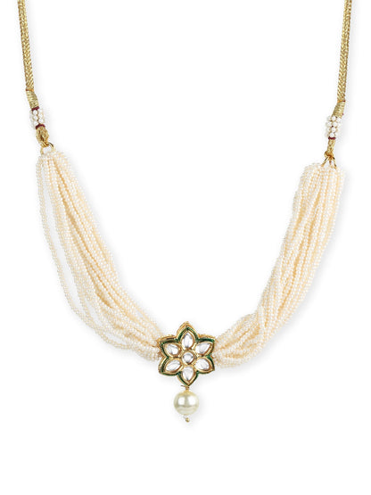 Gold-Polished White Green Brass Kundan Pearls Choker Necklace - Ruby Raang