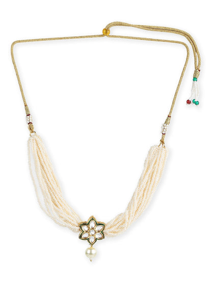 Gold-Polished White Green Brass Kundan Pearls Choker Necklace - Ruby Raang