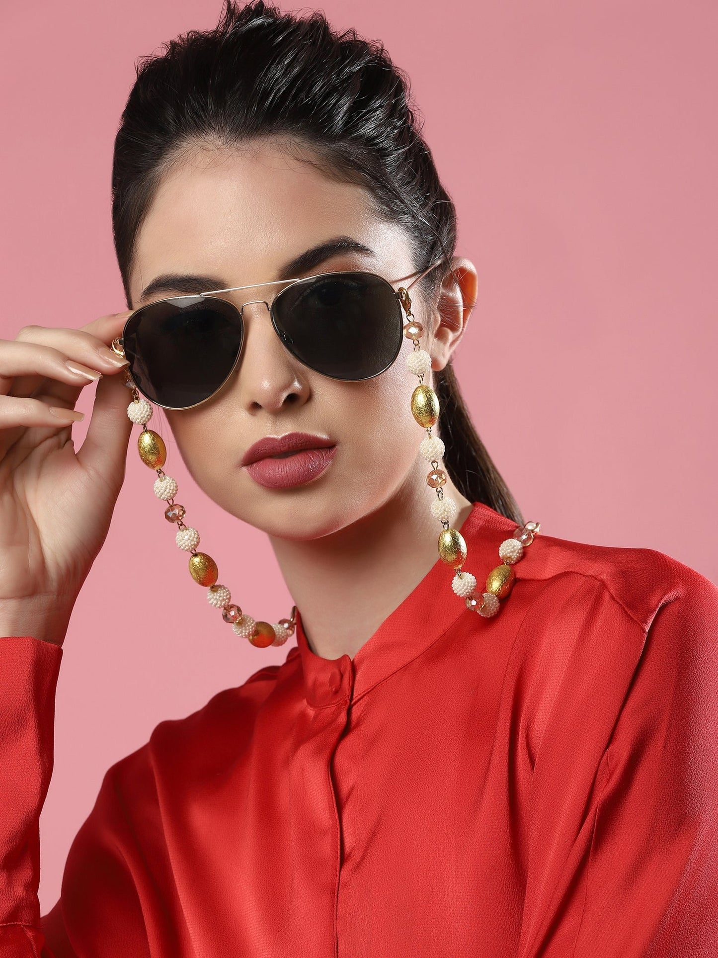 White Golden Embellished Mask Chain - Ruby Raang