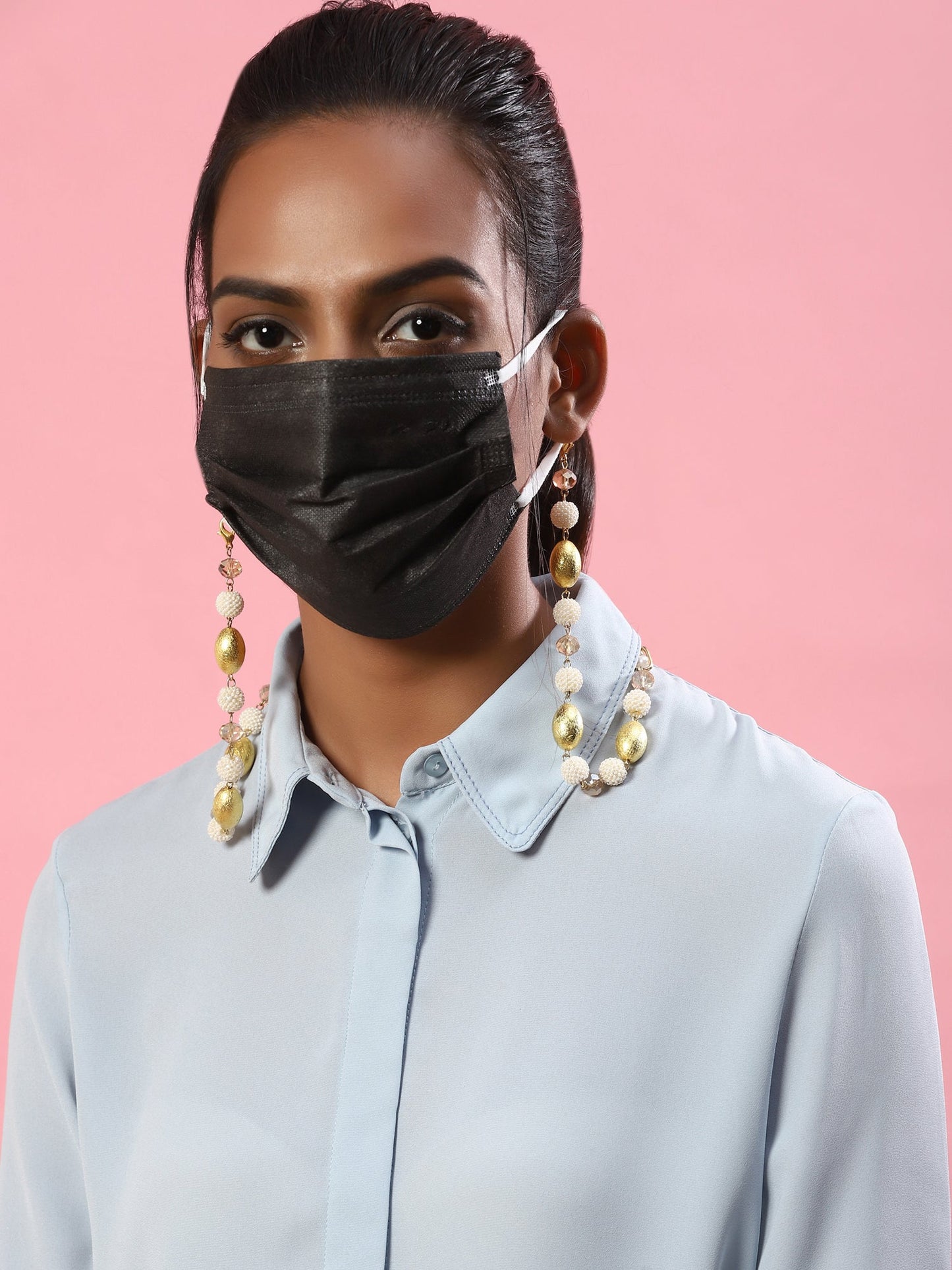 White Golden Embellished Mask Chain - Ruby Raang