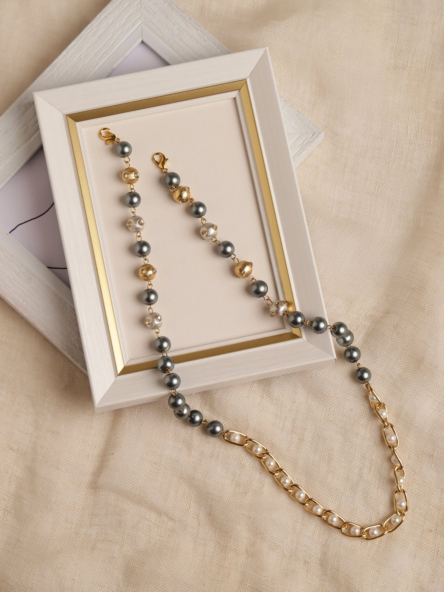 Gold-Toned Grey Beaded Mask Chain - Ruby Raang