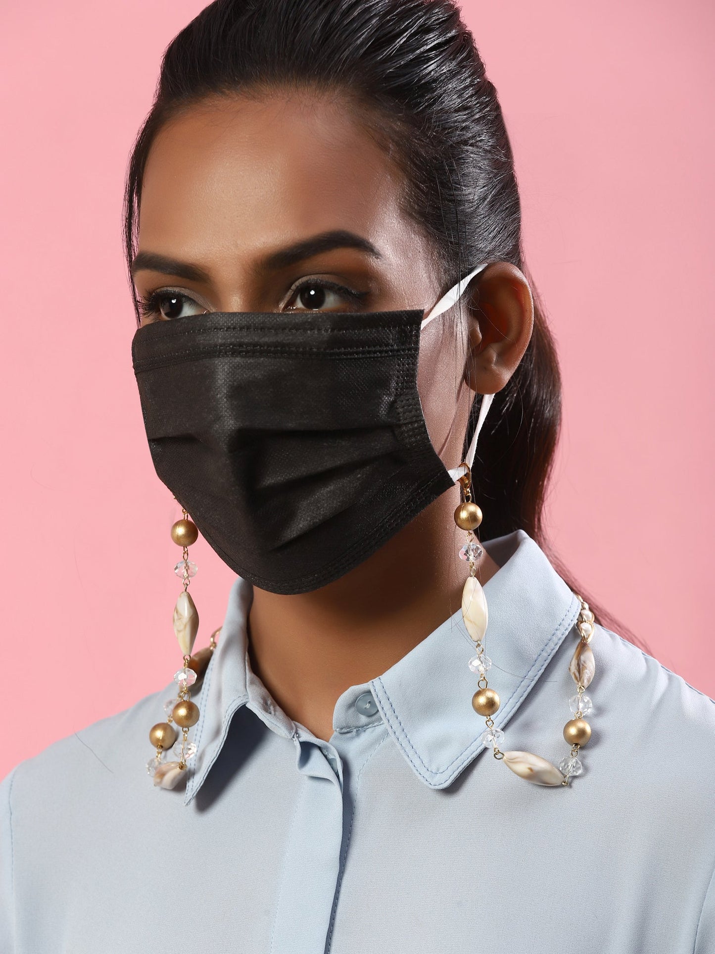 Women's White Embellished Mask Chain - Ruby Raang