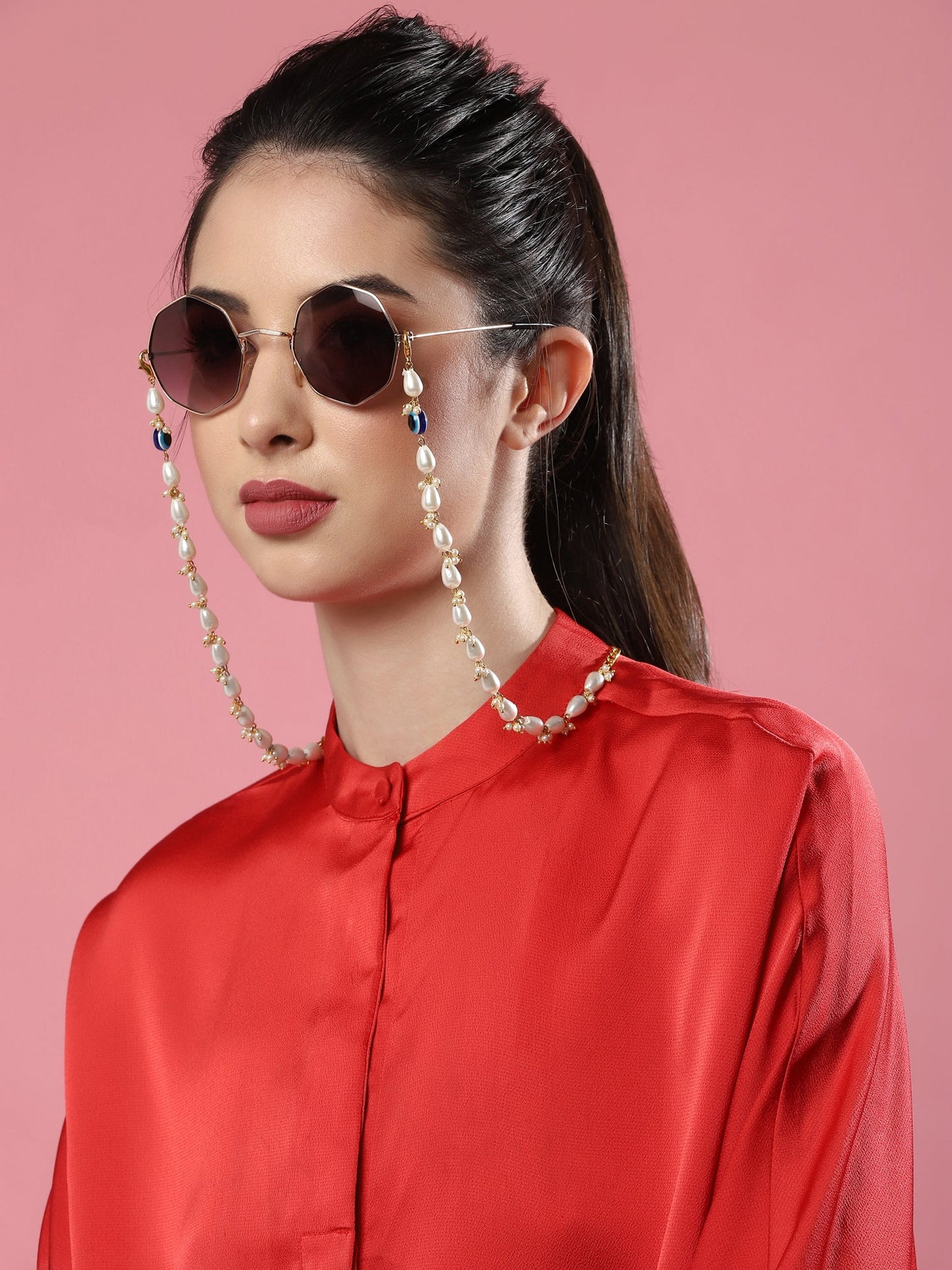 White Gold-Toned Embellished Mask Chain - Ruby Raang