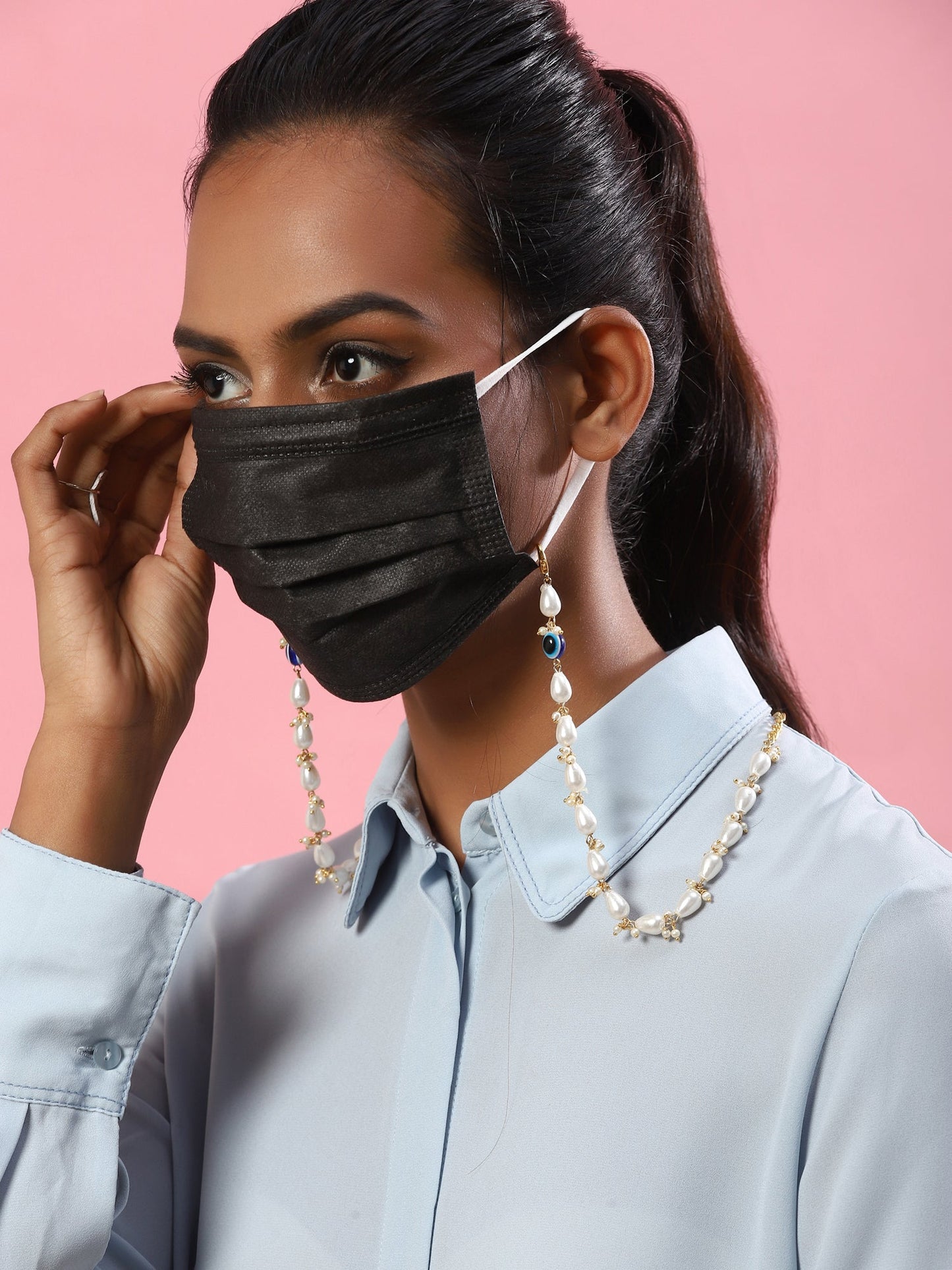 White Gold-Toned Embellished Mask Chain - Ruby Raang