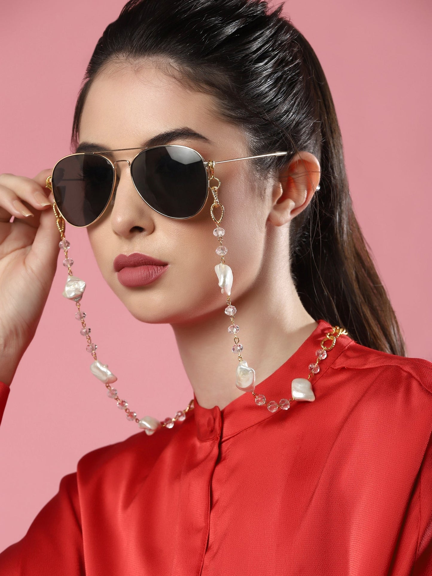 Gold Toned Embellished Mask Chain - Ruby Raang