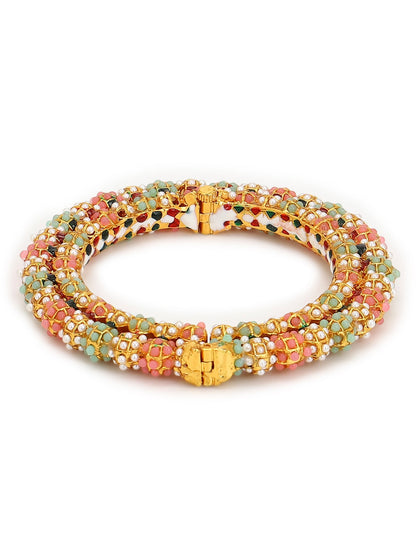 Gold-Polished Green Stone-Studded Beaded Meenakari Bangle - Ruby Raang