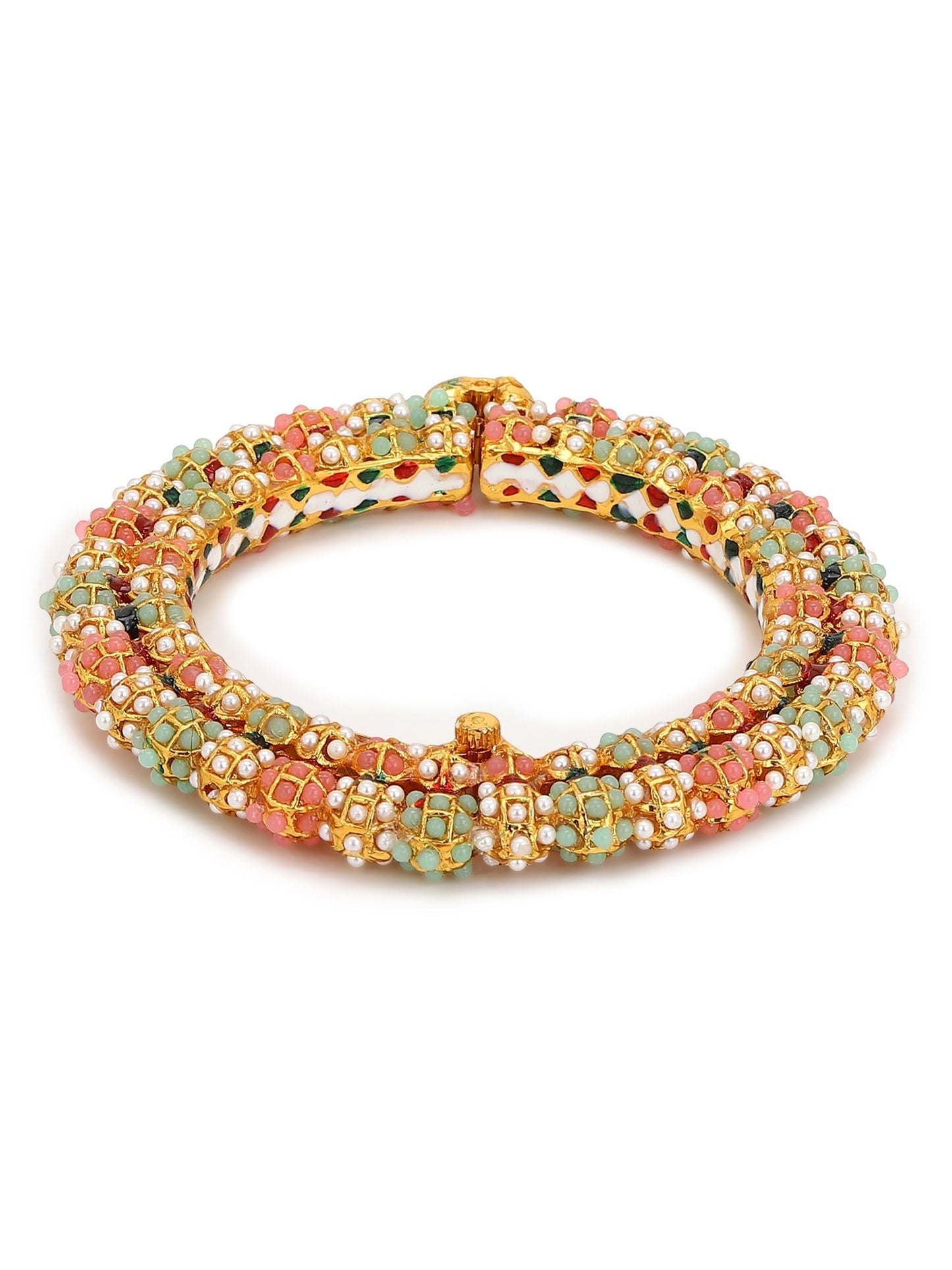 Gold-Polished Green Stone-Studded Beaded Meenakari Bangle - Ruby Raang