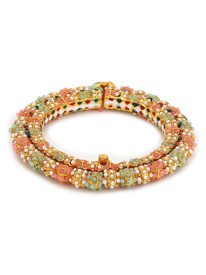 Gold-Polished Green Stone-Studded Beaded Meenakari Bangle - Ruby Raang