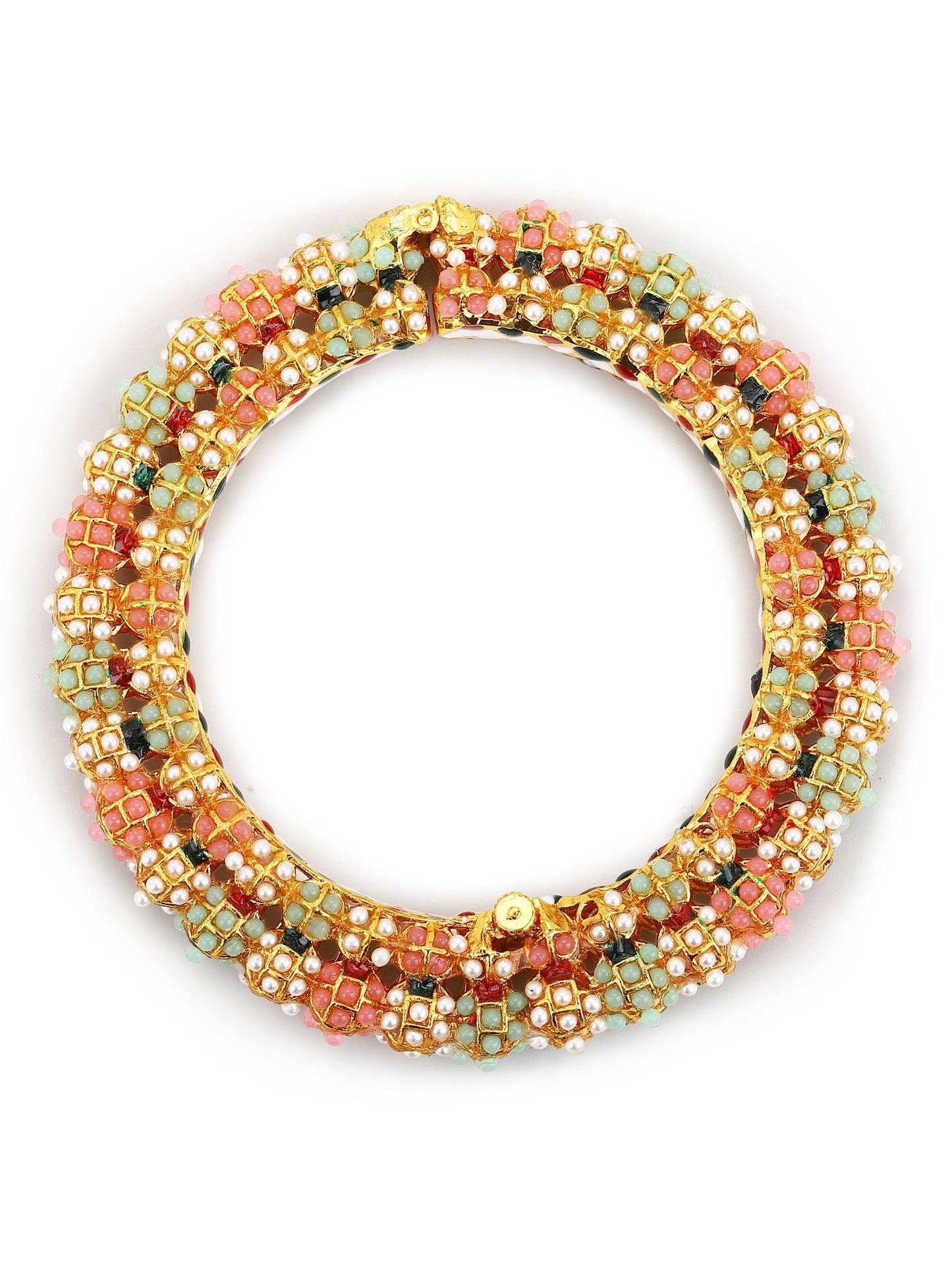 Gold-Polished Green Stone-Studded Beaded Meenakari Bangle - Ruby Raang