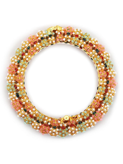 Gold-Polished Green Stone-Studded Beaded Meenakari Bangle - Ruby Raang