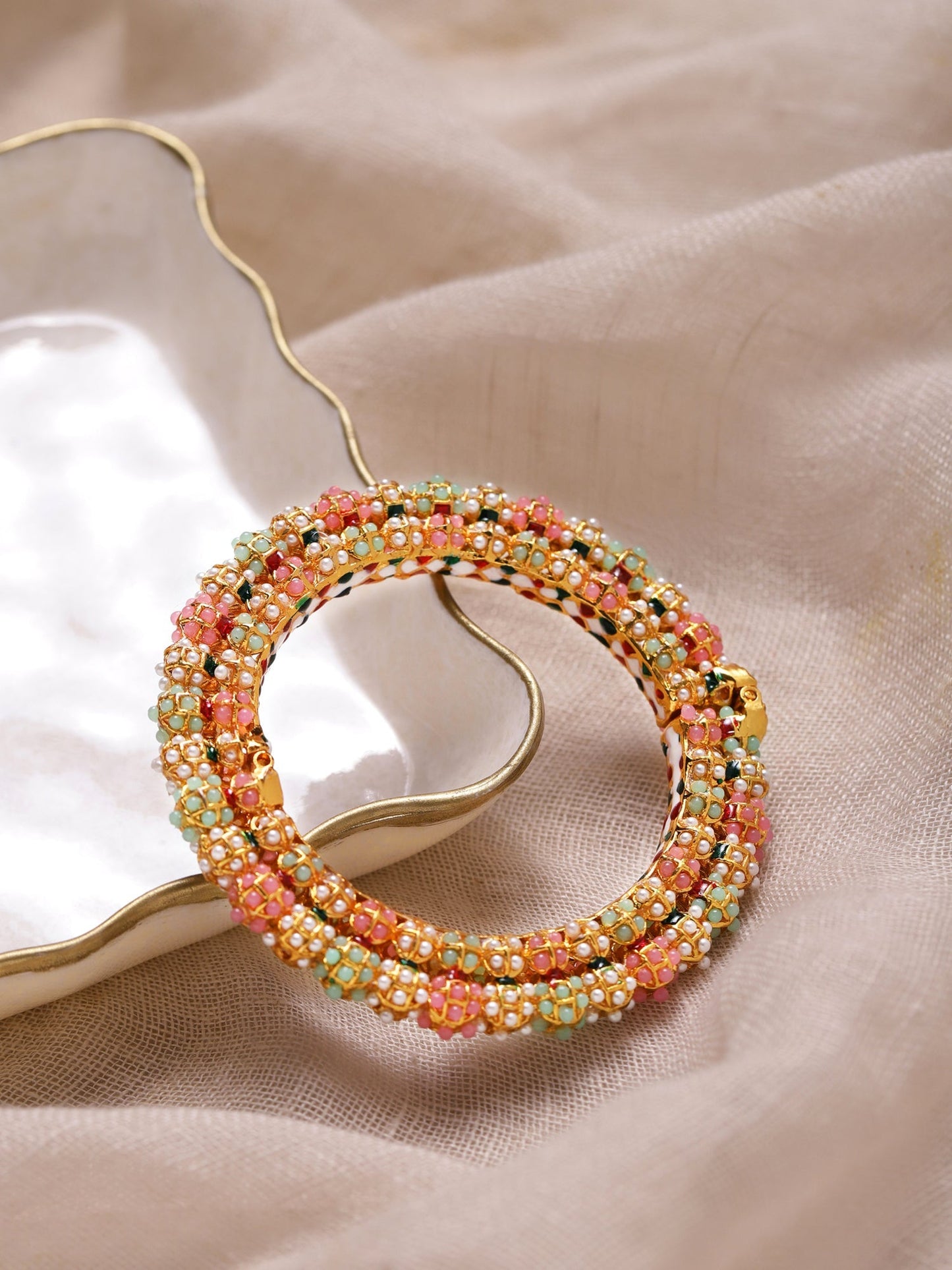 Gold-Polished Green Stone-Studded Beaded Meenakari Bangle - Ruby Raang