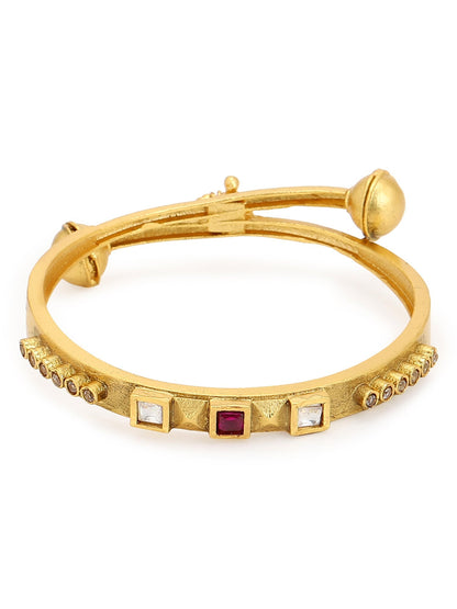Gold-Polished White Red Stone Studded Beaded Bangle - Ruby Raang