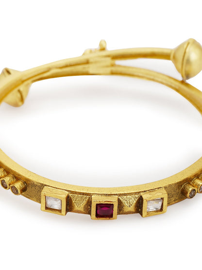 Gold-Polished White Red Stone Studded Beaded Bangle - Ruby Raang