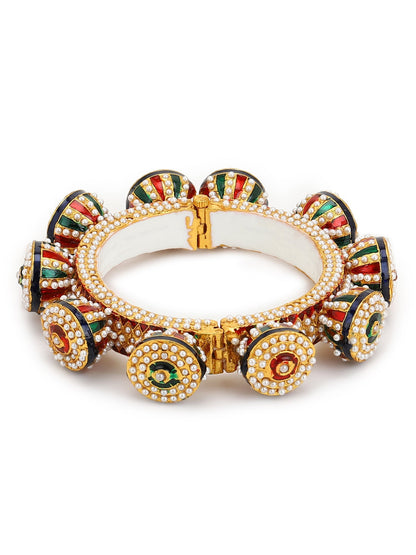 Gold-Polished White Green Stone Studded Meenakari Bangle - Ruby Raang