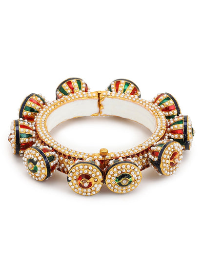Gold-Polished White Green Stone Studded Meenakari Bangle - Ruby Raang