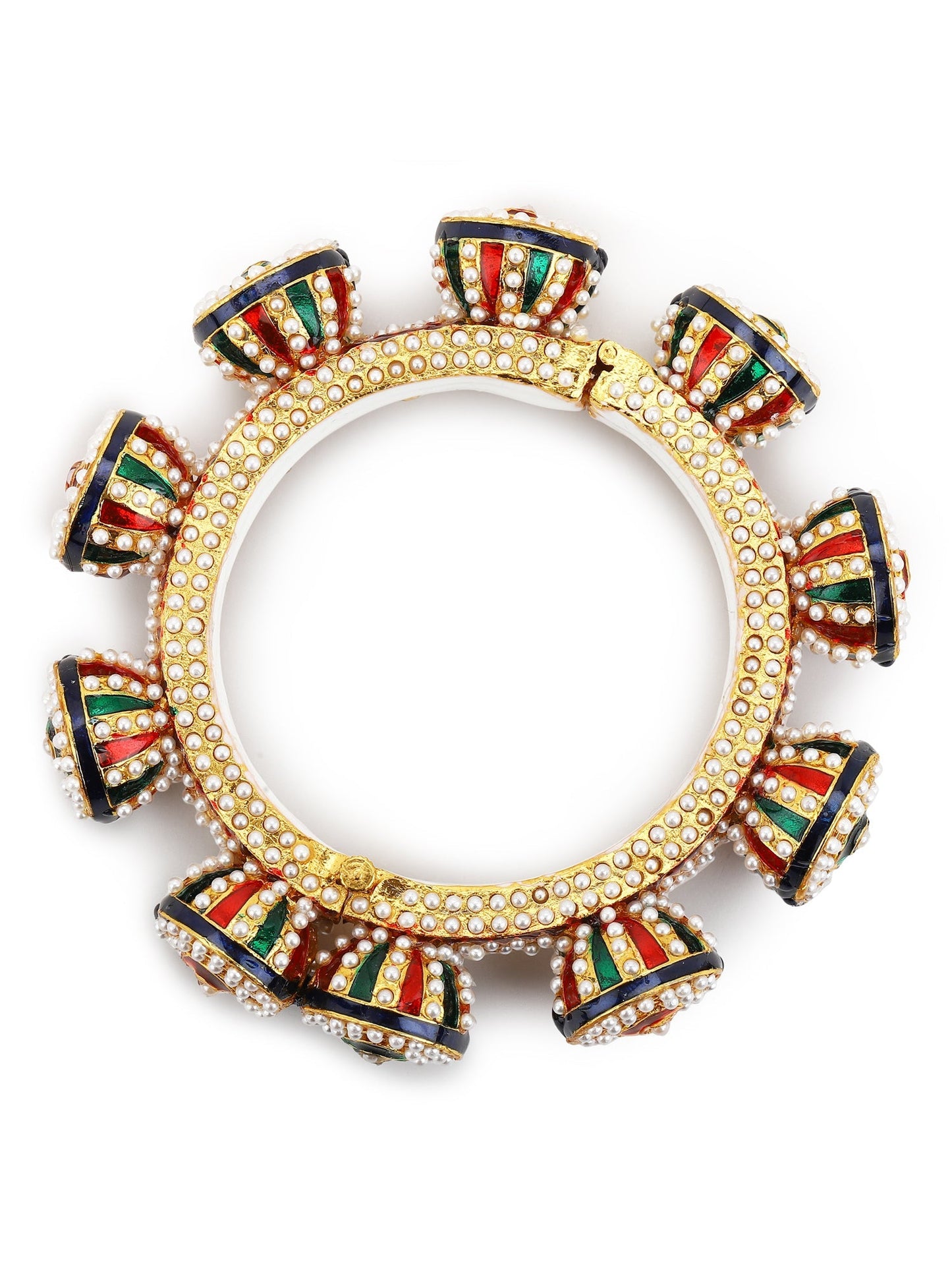 Gold-Polished White Green Stone Studded Meenakari Bangle - Ruby Raang