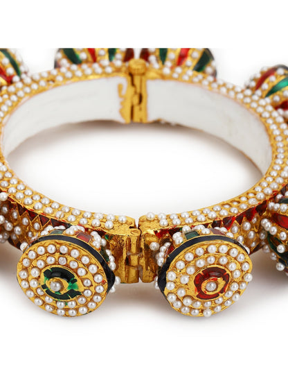 Gold-Polished White Green Stone Studded Meenakari Bangle - Ruby Raang