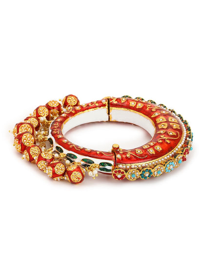 Gold-Polished Red Stone Studded Meenakari Bangle - Ruby Raang