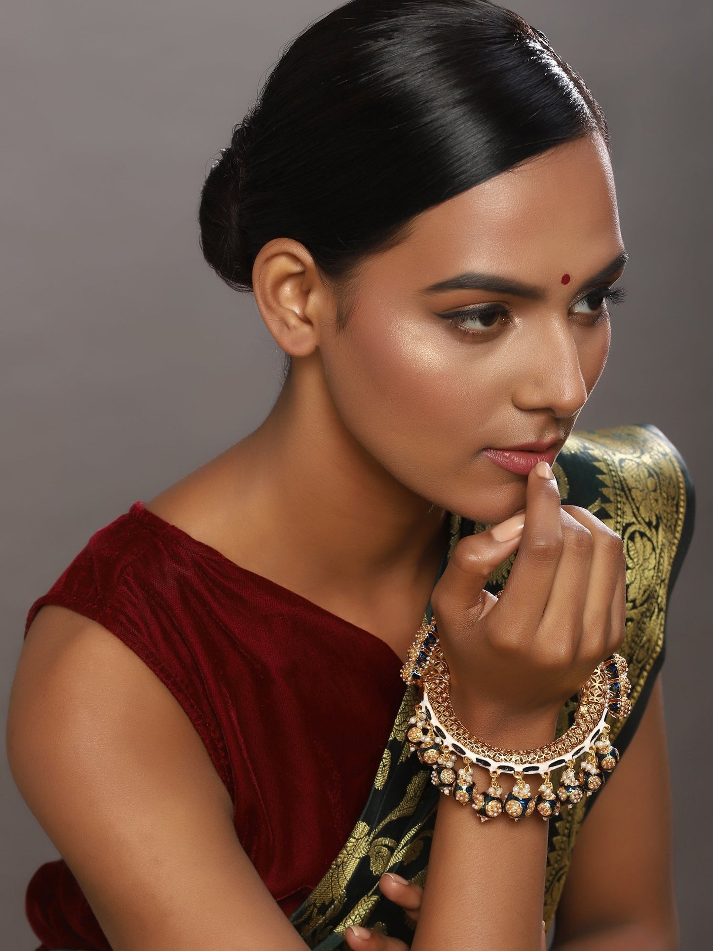 Gold-Polished Navy Blue Navratan Meenakari Bangle - Ruby Raang